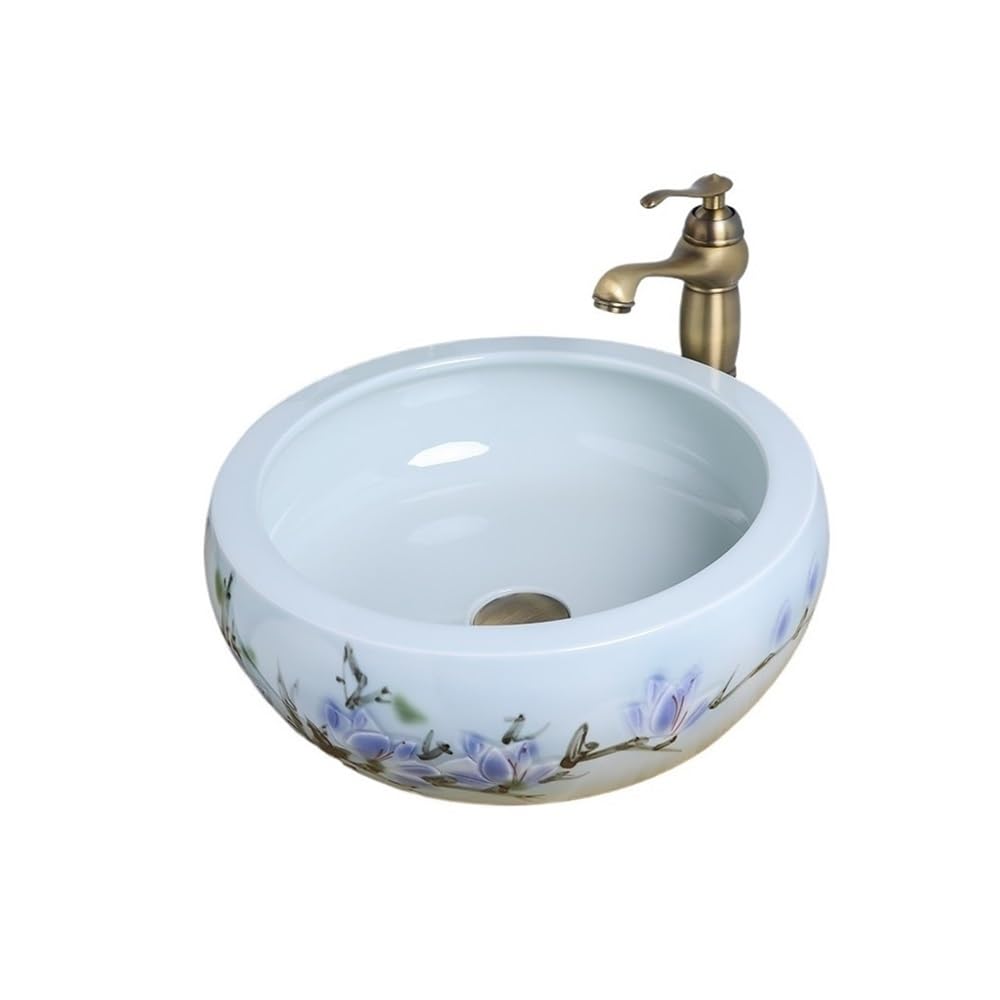 Runze765z One Color Sink Bowl Bathroom Balcony Above Counter Basin Hand-Painted Ceramic Splash-Proof Wash For Home Art Basin