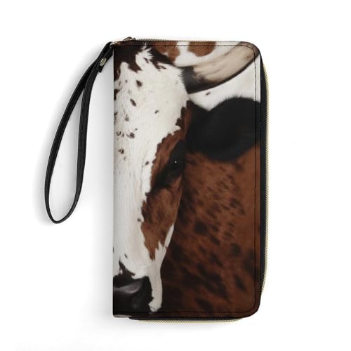 Brown Cowhide Art Print PU Leather Wristlet Wallet Slim Card Holder Organizer with Zipper Coin Pocket & Cash Slots for Women Men