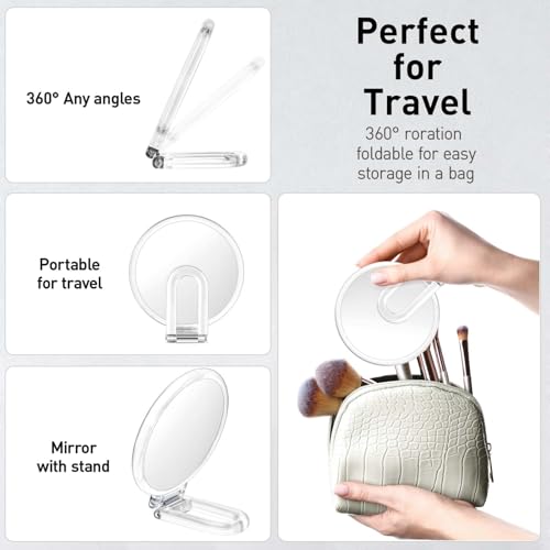 Image of CLSEVXY Magnifying Handheld Mirror Double Sided, Magnification Hand Mirrors, Travel Folding Hand Held Mirror, 360Rotation Pedestal Makeup Vanity Mirror