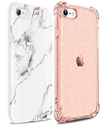 GVIEWIN Clear Bling Glitter iPhone SE 2020 Case/iPhone 8 Case/iPhone 7 Case Bundle with Marble Ultra Slim Durable Soft TPU Case Cover 4.7 Inch