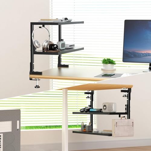 Image of 2 Tier Desk Shelf Clamp-On Above or Under - Desktop Organizer for Office Accessories & Gaming Setup, Black, Tool-Free Installation