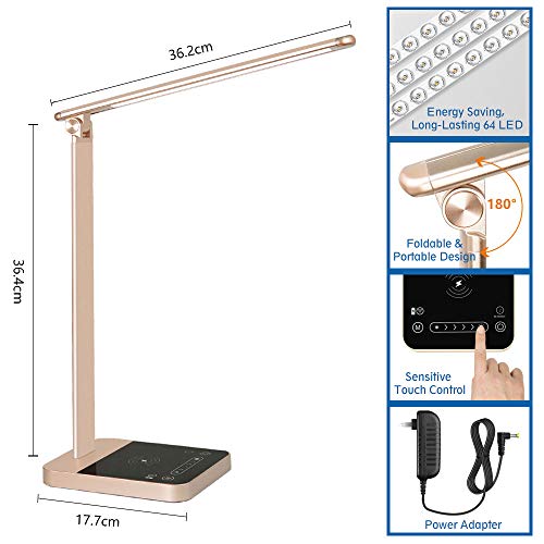 LED Desk Lamp with Fast Wireless Charger, WiFi, Desk Light 6 Brightness Levels 3 Lighting Modes Touch Control USB Port Timer Memory Function, Office Table Lamp Works with Alexa Google Home (Gold) - Thumbnail 7