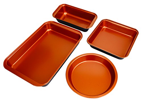 Copper Bakeware Set - Includes an Oblong Rectangular Pan, Brownie Pan, Round Cake Pan, and Meat Loaf Pan, Standard