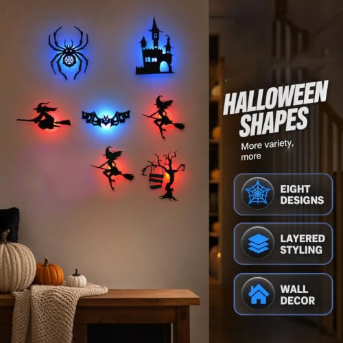 Image of Halloween LED Wall Decor Lights 3D Bat Witch Stickers Window Clings (X2)