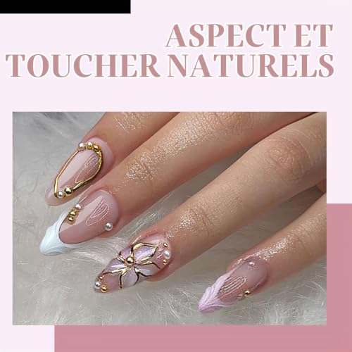 LunarCharm 24 pièces faux ongles French tip à perles florales, ongles à pression courts en forme amande brillants en acrylique, couverture complète, ongles autocollants pour femmes DIY – vue 3