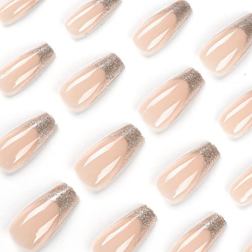 Gold Fake Nails Coffin Press On Nails Long False Nails With Glitter Design Gold Nail Tip French Tip Press On Nails Glossy Acrylic Nails Full Cover Stick On Nails Cute Artificial Nails For Women Girls #TOP1