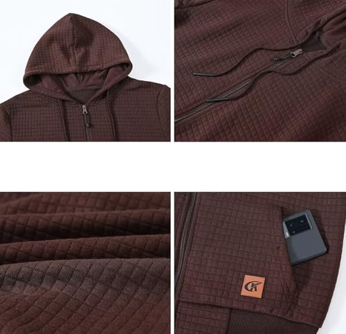 Satankud Men's Jacquard PlaidCloth Lightweight Zipper Hoodie Sweatshirt Jacket Coffee X-Large — view 4