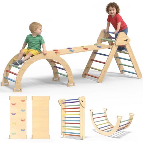 CMFYDAILY Large Pikler Triangle Set 7-in-1 Toddler Climbing Toys Indoor Wooden Montessori Climbing Set with Arch Ramp Ladder Foldable Baby Jungle Gym Playground (Rainbow)