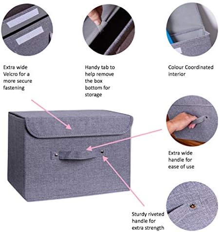 Magenta Magpie Storage Boxes with lids, grey, Fabric, Stackable, Foldable. For wardrobe, shelves, clothes, bedroom, office, cupboard, keepsake memory box, crafts, toy, shoe, sock, knitting. Handle