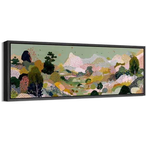 Image of MUDECOR Large Framed Canvas Print Wall Art Colorful Abstract Landscape with Trees Contemporary Antique Retro Ready to Hang Painting for Living Room Bedroom Multi-Sizes - 60 inchx20 inch