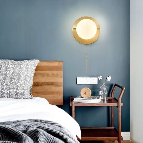 Image of FZQSXAZU European Wall Light - Glass Globe Lamp Indoor Bedside with Pull Cord Switch Copper Metal Sconce, Pendant