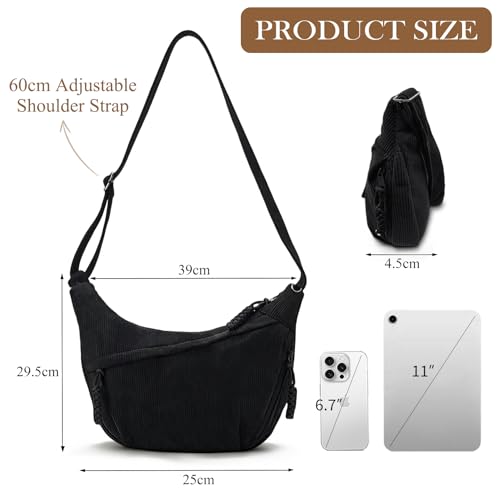 VOESLD Sac à Bandoulière Femme en Velours Côtelé Sac Demi-Lune(Noir) – vue 4