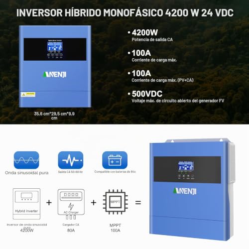 Miniatura 2 de Inversor De Corriente Híbrido De 4200 W, 24 V Cc 230 V Ca, Inversor Solar Sinusoidal Puro, 100 A Mppt Alimentación De Red, Voltaje De Entrada Máx. Pv 500 V 4 Modos De Carga Para Baterías De Litio