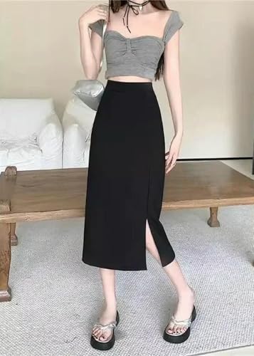 Casual Stretchy Plus Size High-Waisted Slimming Summer Skirt Women's Side Slit A- Line Skirt2
