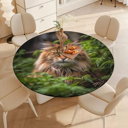 Nappe chat dans l'herbe extensible pour table ronde de 100 à 130 cm