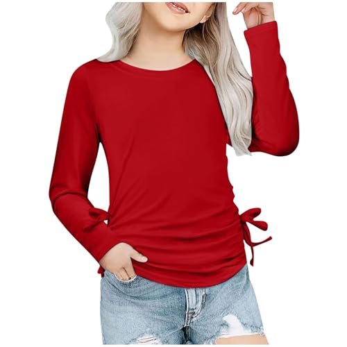 Mjjsk - Mjjsk T-shirts d'été 2025 mignons à manches longues unis t-shirts basiques pour enfants, t-shirt respirant et léger, décontracté, doux, tendance pour l'automne, Rouge, 13-14 ans