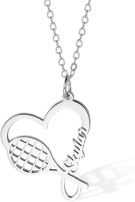 BYFDIY Heart Tennis Racket Necklace Sterling Silver Personalized Name Tennis Racket Pendant Necklace Birthday Team Gift Valentines Day for Women Sports Tennis Lover Mom Wife Daughther