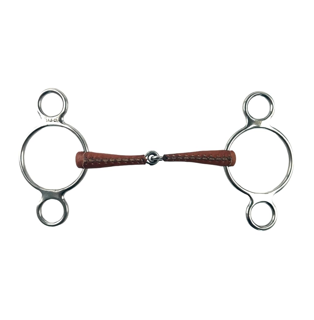 ES0228 JW Gebiss Leder Ledergebiss 3-Ringtrense 3-Ring Einfach Gebrochen anatomisch geformtes maulfreundliches aus Edelstahl Gebissstärke 14 mm (14.5 cm)