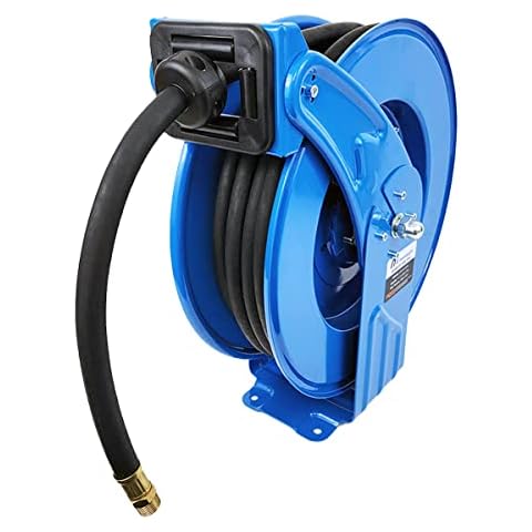 Macnaught M3 Retractable Industrial Grade Air, Water Hose Reel, 1/2” x 50' Dual Pedestal Design with Heat Treated Heavy Duty Gauge Steel, Adjustable Guide Arms, Easy to Service Ball Bearing swivel Cover