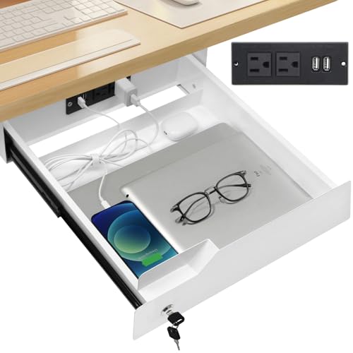 Lumil Under Desk Mounted Drawer Lockable with Charging Station Power Strip and Foldable Cable Management Arm for Office Desk 15.7