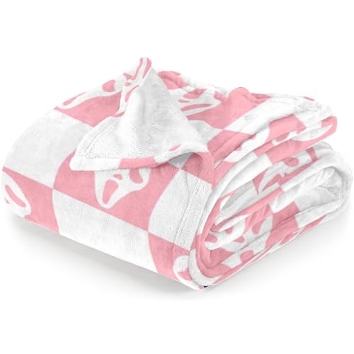 Halloween Spooky Face Throw Blanket, Pink and White Checkered Pattern, Halloween Ghost Blankets Fuzzy Gifts for Sofa Couch Bedroom (50" x 40")