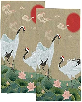 Hand Towels Face Towels Set of 2 Japanese Cranes Lotuses Asian Oriental Style Soft Comfortable Polyester Microfiber Fast Water Absorbent Towels for Bathroom Kitchen 30X15 Inch