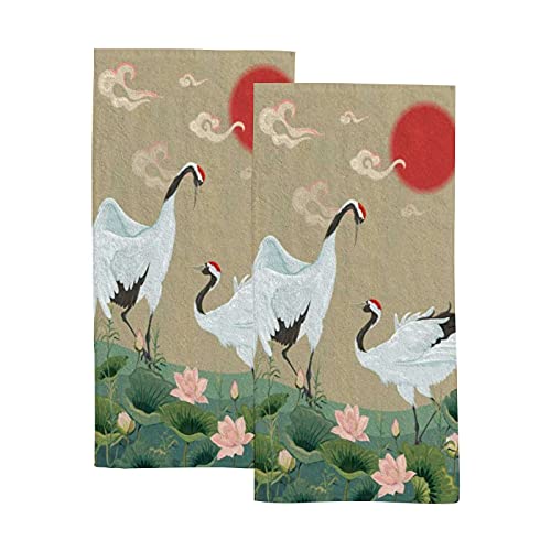 Hand Towels Face Towels Set Of 2 Japanese Cranes Lotuses Asian Oriental Style Soft Comfortable Polyester Microfiber Fast Water Absorbent Towels For Bathroom Kitchen 30X15 Inch #TOP6