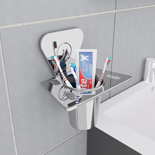 Image of USF Stainless Steel Tumbler Holder with Tumbler Stand, Wall Mounted Tumbler Stand for Brush & Toothpaste Storage, Easy Cleaning Access, 3 Years Warranty (Chrome, Pack of 1) - Pyramid