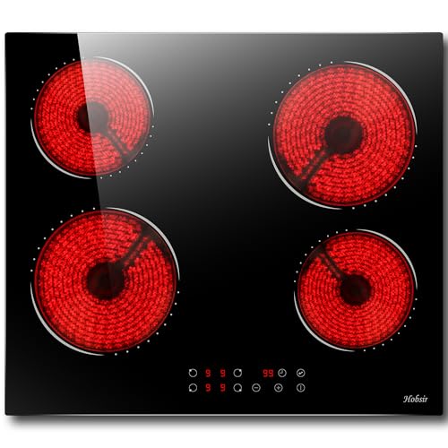 Hobsir hob Ceramic Hob 60 cm Electric Hob 4 Zone with Touch Control 6000W 9 Power Levels Safety Lock Auto switch off safety Residual heat indicator Hard Wire, No Plug Included