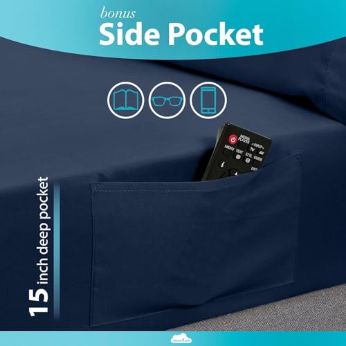 Image of DREAMCARE King Size Sheets Set - 4 pcs Breathable Cooling Sheets - up to 15 inch Deep Pocket King Sheet Set with Side Pockets - Extra Soft 100% Brushed Hypoallergenic Hotel Luxury Bedding Navy Blue