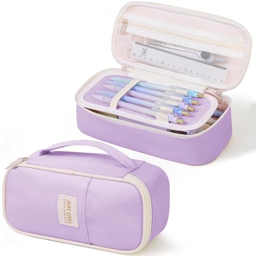 SKYDUE Purple Pencil Case for Girls Large Capacity Zippered Pencil Pouch with Multi-Compartment Aesthetic Pencil Bag for School & Office Supplies