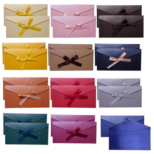 24 Stück Briefumschläge Kraftpapier Bunt,Farbige Umschläge mit Band,Briefumschläge Bunt mit Bändern,Geschenkumschlag ohne Fenster für handgefertigte Einladungen,Hochzeits- oder Festival-Karten