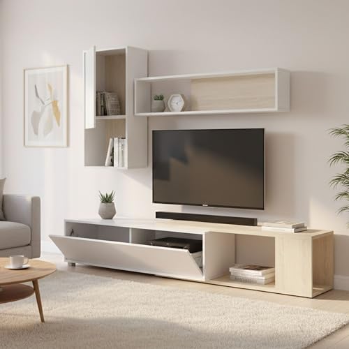 Dmora - Parete attrezzata Denali, Set da soggiorno modulare ad angolo, Mobile salotto multiposizione, 230x41h180 cm, Bianco e Rovere