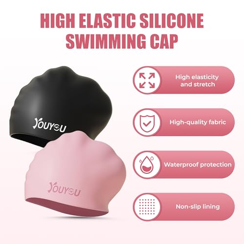 2 Pack Silikon Badekappen für langes Haar, große wasserdichte Bademützen für Frauen, Männer und Erwachsene mit dickem oder lockigem Haar, Bequeme 3D Bademützen (Schwarz & Rosa)