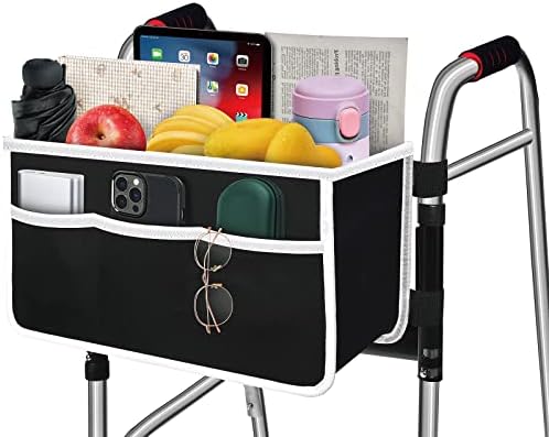 Walker Bag, Foldable Equipped with 6 Elastic Straps, Stronger Than Other Walker Basket, Basket for Walker with Multiple Pockets & Never Tipping Over, Best Gift for Elders and Family - Black