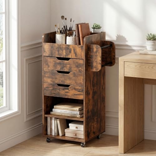 Image of Tangkula Rolling Storage Cart with Drawers, Industrial Aesthetics Organizer Cart w /Lockable Casters, Makeup Utility Cart w /3 Shelves, Slots & Dowels, Storage Cabinets on Wheels, Home Office Craft Cart
