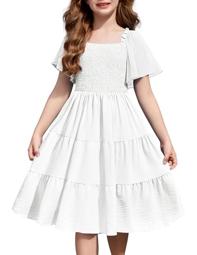 Arshiner Girls Summer Dress White Spring Party Wedding Baptism Swing Flowy Ruffle Dresses for Size 8