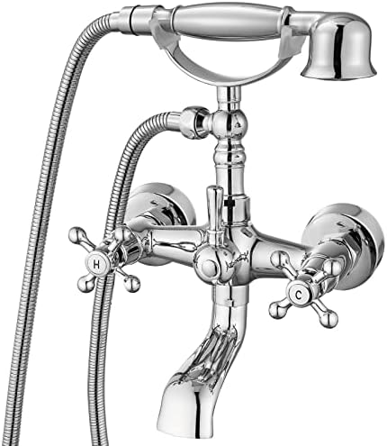Aolemi Polish Chrome Bathtub Faucet with Handheld Shower Sprayer Wall Mount Double Cross Handle Mixer Tap Vintage Telephone Shaped Hand Sprayer Shower Set
