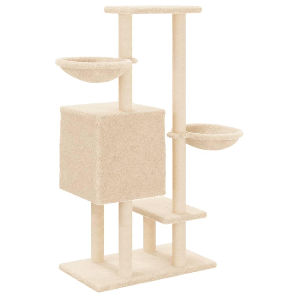 Kratzbaum Mit Sisal-Kratzsäulen Creme 117 cm | Alles-in-einem-Katzenturm, Katzenhöhle Mit 2 Körben, Weicher Plüschbezug, Liegeflächen