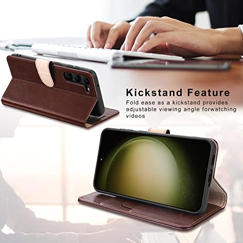 Belemay For Samsung Galaxy S23+/ S23 Plus Wallet Case-Genuine Leather Flip Cover-Rfid Blocking Credit Card Holder-Kickstand Folio Phone Case Women Men Compatible With Samsung S23Plus (5G 6.6")-Brown #TOP3