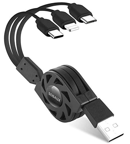 SDBAUX Multi USB-kabel 3 in 1 3.1A/1M, universele snel opladen intrekbare oplaadkabel met 8-pins type C Micro USB-poort, compatibel met Phone 12 11 Pro Xs Max Xr X 8, Samsung Galaxy Google Pixel LG
