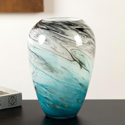 11" H Teal Glass Vases for Flowers, Unique Hand Blown Glass Vase Blue Home Decor, Wide Mouth Colorful Flower Vase Centerpieces, for Living Room Table Bookshelf, Bathroom Office Shelf Decorative Cover