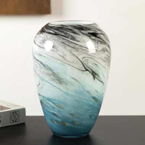 11" H Teal Glass Vases for Flowers, Unique Hand Blown Glass Vase Blue Home Decor, Wide Mouth Colorful Flower Vase Centerpieces, for Living Room Table Bookshelf, Bathroom Office Shelf Decorative by YACSNBF - Used condition - US$74.80