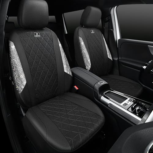 CAR PASS Oxford Bling Diamond Car Seat Covers 2 Front Interior Sets, Waterproof Shining Glitter Sparkly Crystal Universal Armrest Fit 95% Automotive Truck SUV Cute Women Girl, Black Silver Rhinestone