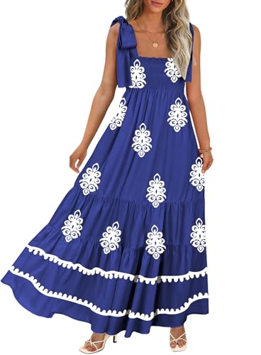 Image of CURBODO Women's Summer Maxi Dress Boho Spaghetti Straps Casual Long A-line Smocked Beach Dress Square Neck Flowy Sun Dress