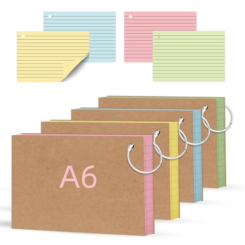 A6 Flash Cards 160Pcs Revision Cards (148x105mm) Double Sided Record Cards with Metal Binder Ring Assorted Colours Index Cards Lined for School Learning Office Work