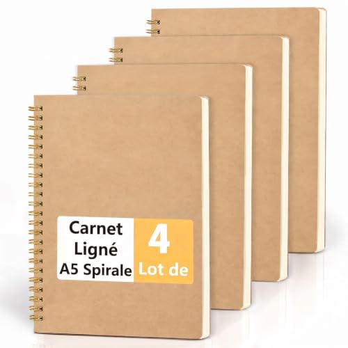 JSQJ Cahier Spirale A5 Lot de 4 - Carnet de Notes Ligné 160 Pages Bloc Note