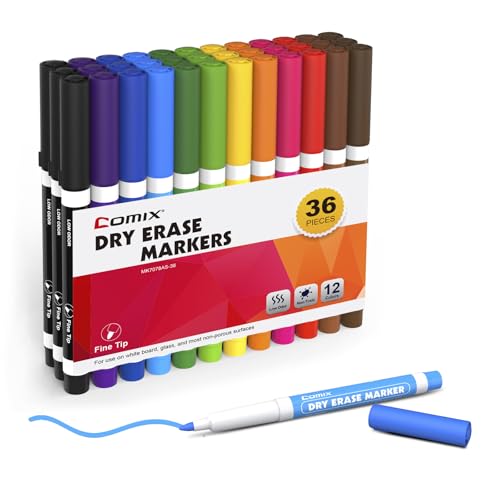 Comix Low Odor Dry Erase Markers, Fine Tip Whiteboard Markers, 36 Bulk 12 Assorted Colors Markers for Kids Teachers Office & School Supplies