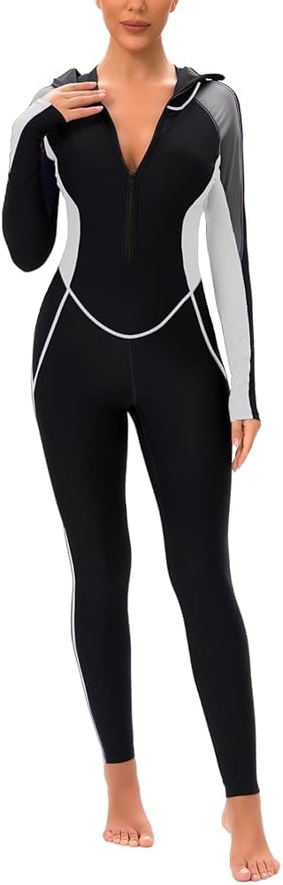 SEAUR Womens Full Body Rash Guard Swimsuit Long Sleeve One Piece UPF50+ Sun Protection Front Zip Bathing Suit with Hood