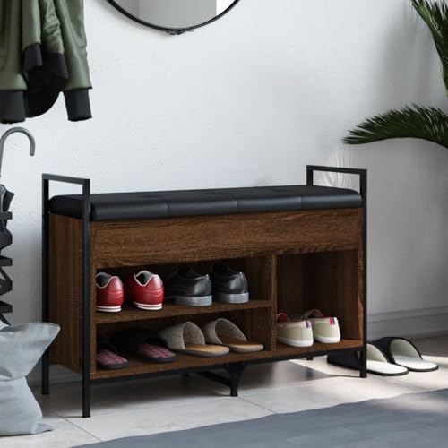 Banc à chaussures marron avec coussin d'assise et double étagère de rangement - 4